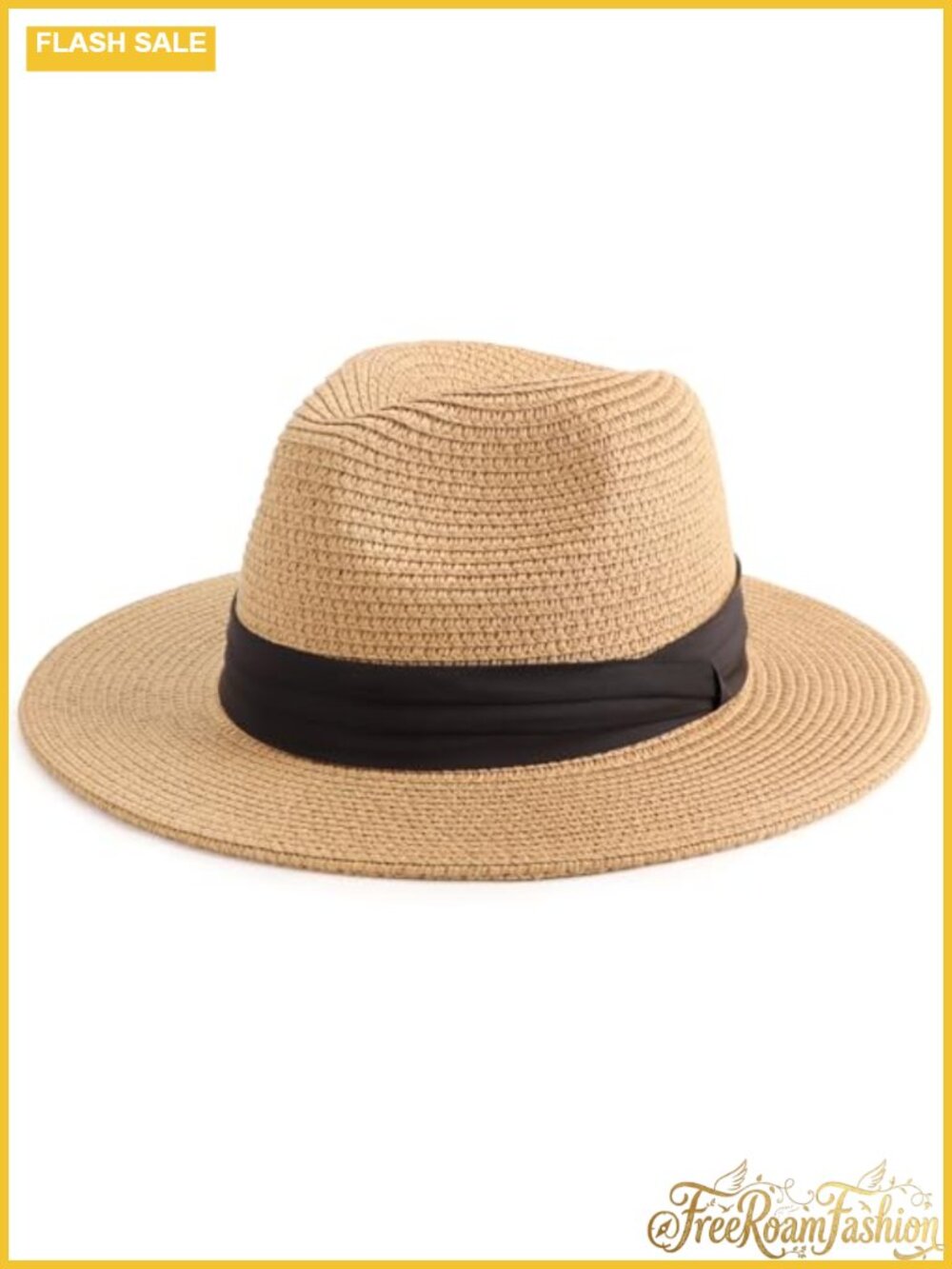 DRESHOW Women Straw Panama Hat Travel Fedora Beach Sun Hat Wide Brim Roll Up